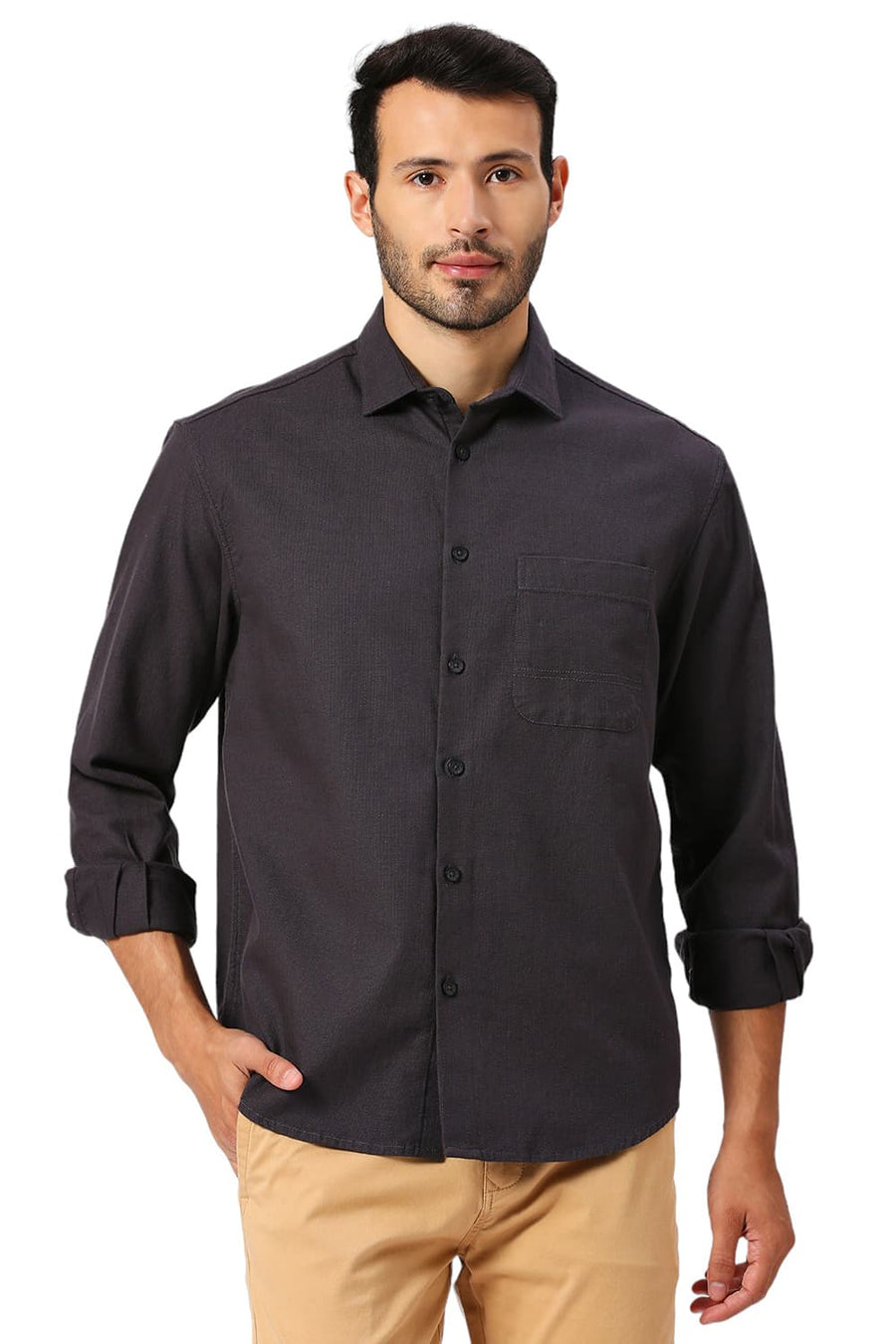 BASICS RELAXED FIT ASPHALT GREY COTTON HOPSACK SLUB DOBBY SHIRT
