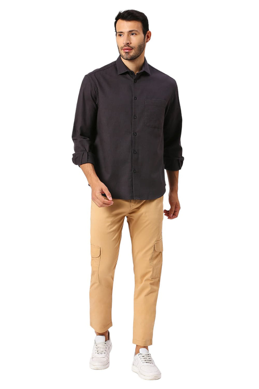 BASICS RELAXED FIT ASPHALT GREY COTTON HOPSACK SLUB DOBBY SHIRT