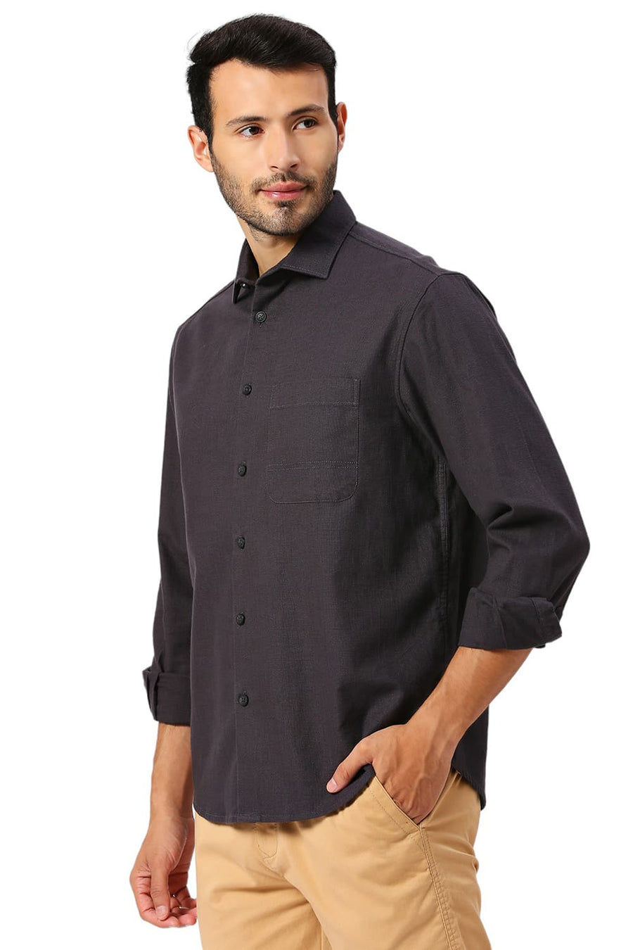 BASICS RELAXED FIT ASPHALT GREY COTTON HOPSACK SLUB DOBBY SHIRT