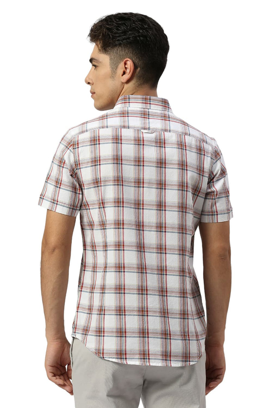 BASICS SLIM FIT BRIGHT WHITE COTTON TWILL CHECKS HALFSLEEVES SHIRT