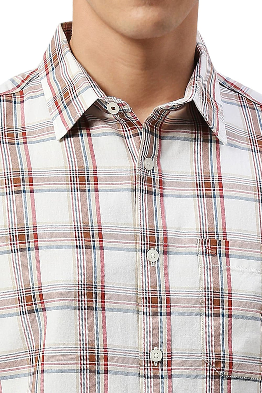 BASICS SLIM FIT BRIGHT WHITE COTTON TWILL CHECKS HALFSLEEVES SHIRT