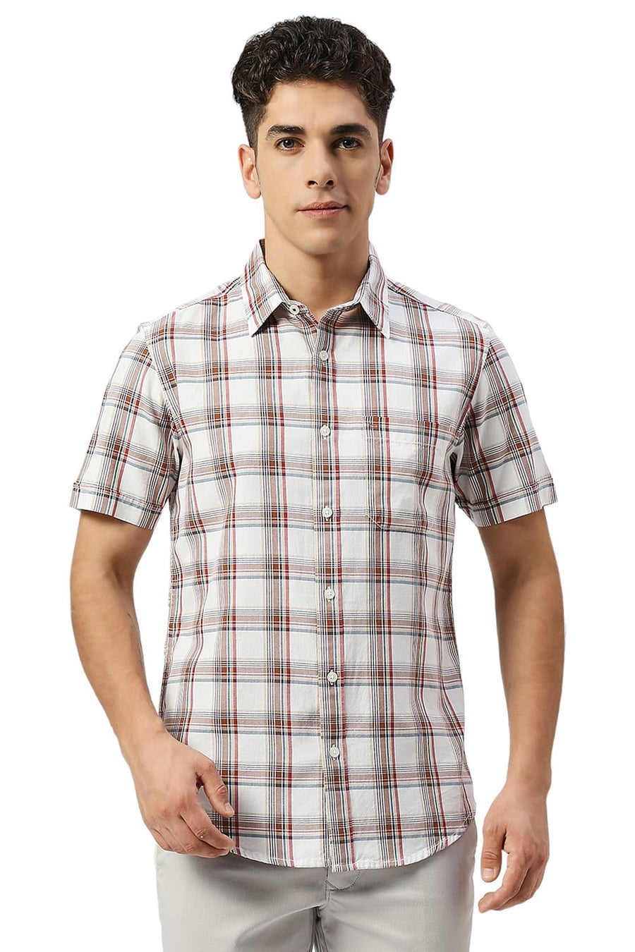 BASICS SLIM FIT BRIGHT WHITE COTTON TWILL CHECKS HALFSLEEVES SHIRT