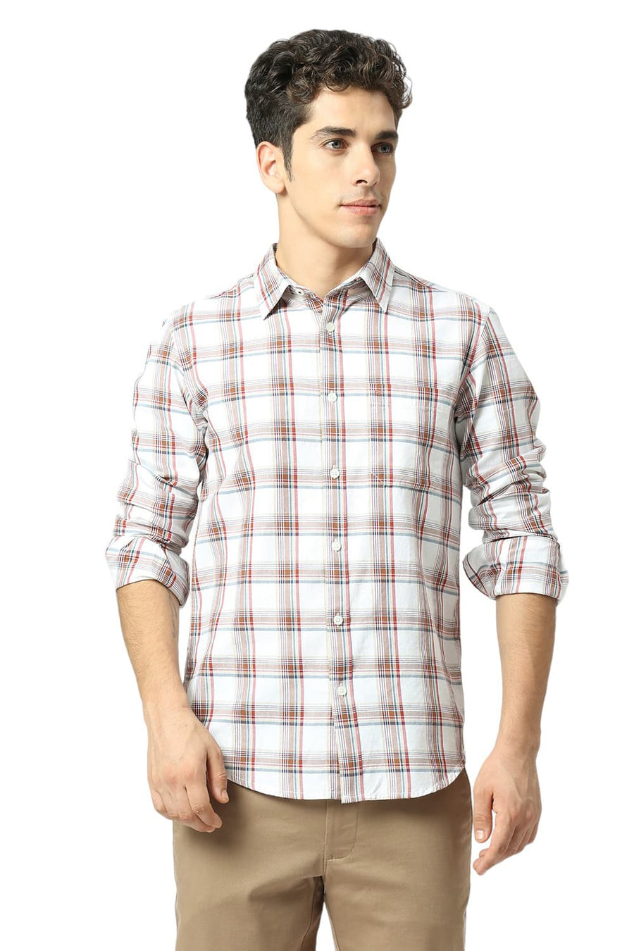 BASICS SLIM FIT BRIGHT WHITE COTTON TWILL CHECKS SHIRT