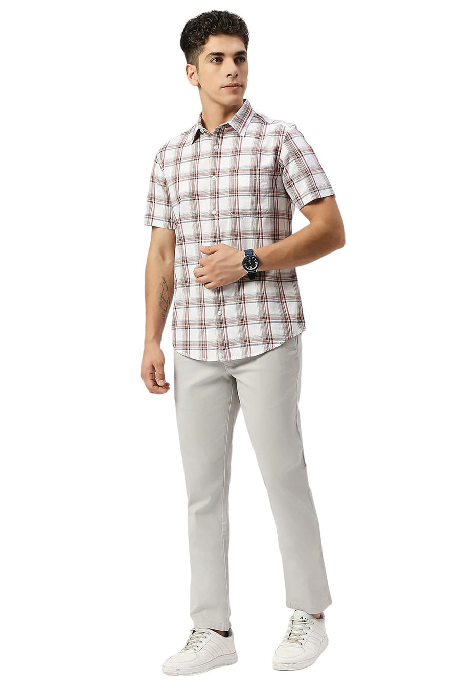 BASICS SLIM FIT BRIGHT WHITE COTTON TWILL CHECKS HALFSLEEVES SHIRT