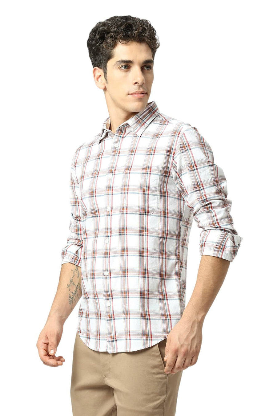 BASICS SLIM FIT BRIGHT WHITE COTTON TWILL CHECKS SHIRT