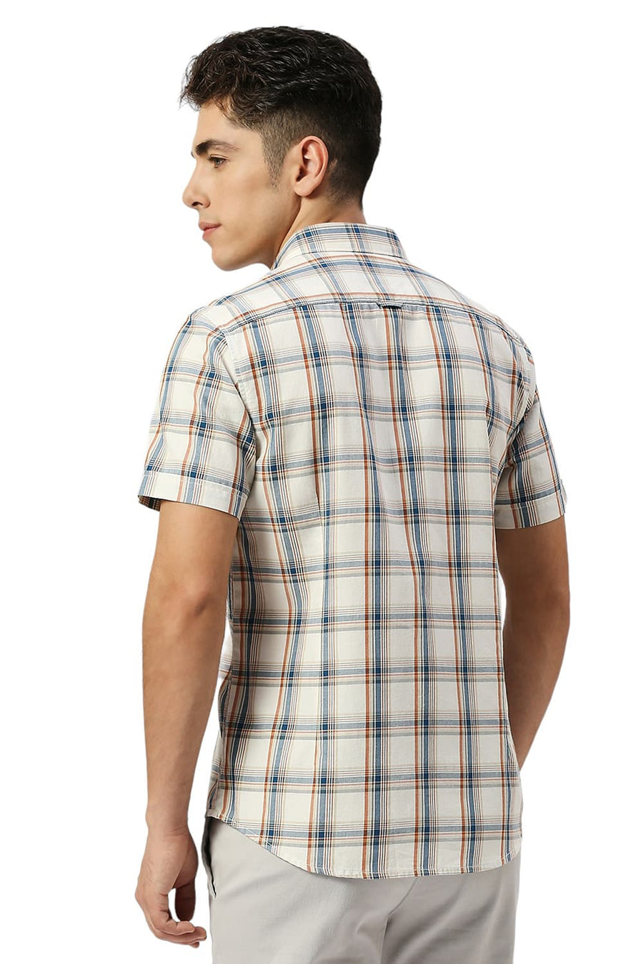 BASICS SLIM FIT MARSHMELLOW BEIGE COTTON TWILL CHECKS HALFSLEEVES SHIRT