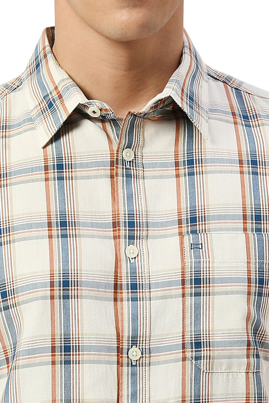 BASICS SLIM FIT MARSHMELLOW BEIGE COTTON TWILL CHECKS HALFSLEEVES SHIRT