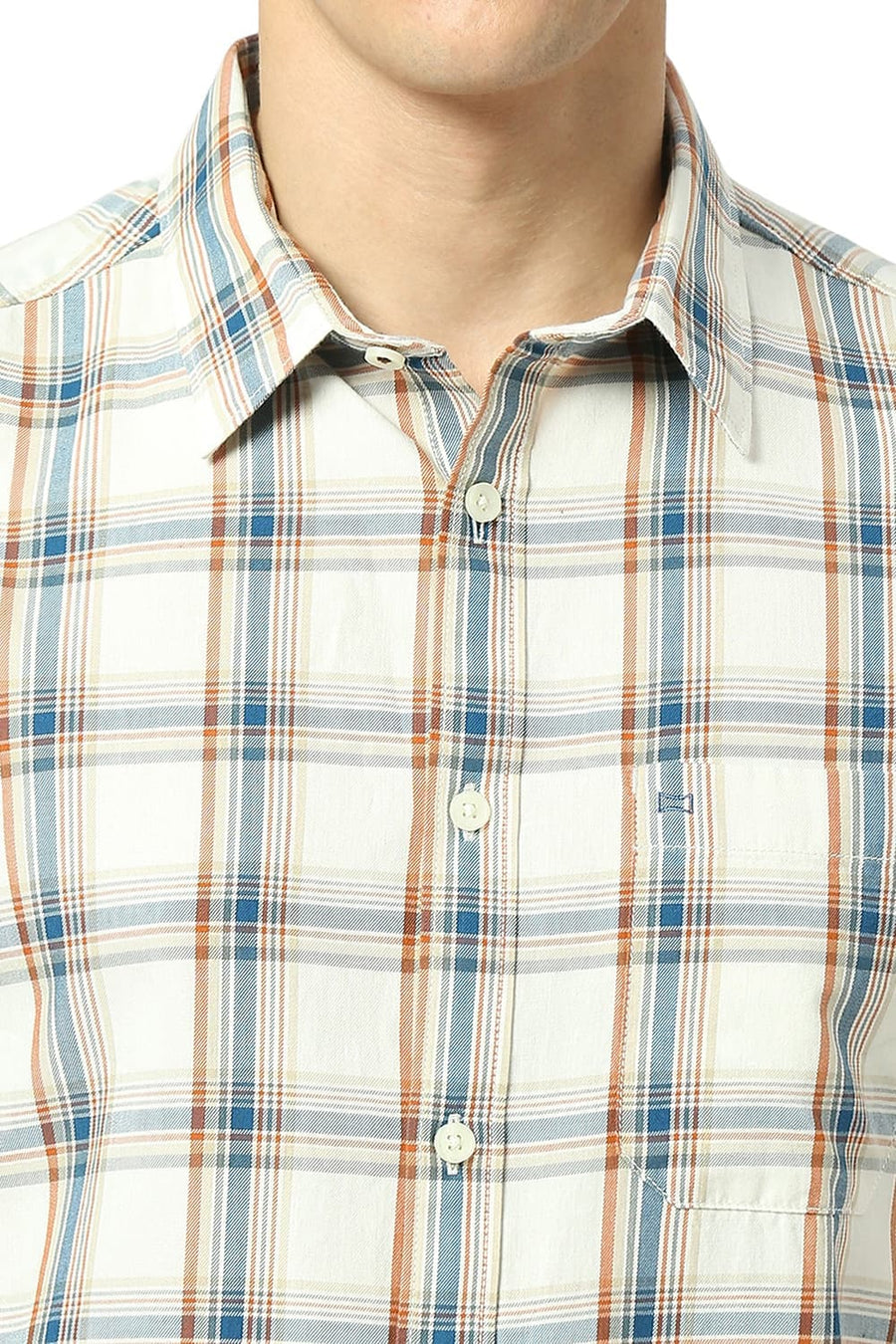 BASICS SLIM FIT MARSHMELLOW BEIGE COTTON TWILL CHECKS SHIRT