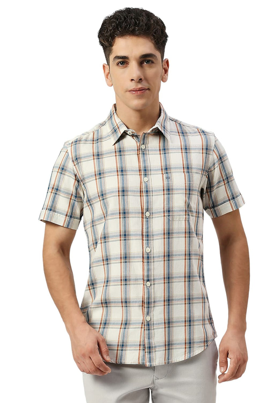 BASICS SLIM FIT MARSHMELLOW BEIGE COTTON TWILL CHECKS HALFSLEEVES SHIRT