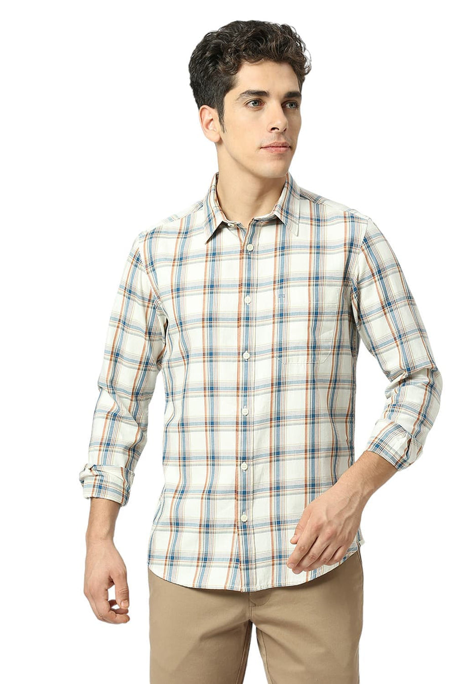 BASICS SLIM FIT MARSHMELLOW BEIGE COTTON TWILL CHECKS SHIRT