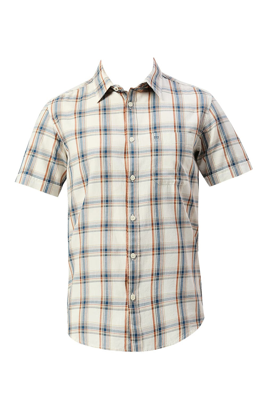 BASICS SLIM FIT MARSHMELLOW BEIGE COTTON TWILL CHECKS HALFSLEEVES SHIRT