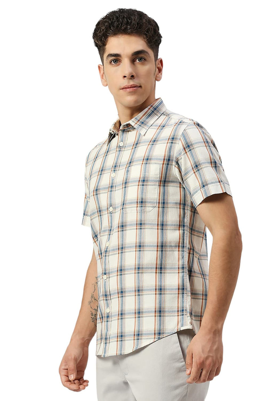 BASICS SLIM FIT MARSHMELLOW BEIGE COTTON TWILL CHECKS HALFSLEEVES SHIRT