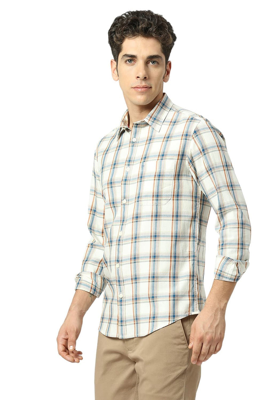 BASICS SLIM FIT MARSHMELLOW BEIGE COTTON TWILL CHECKS SHIRT