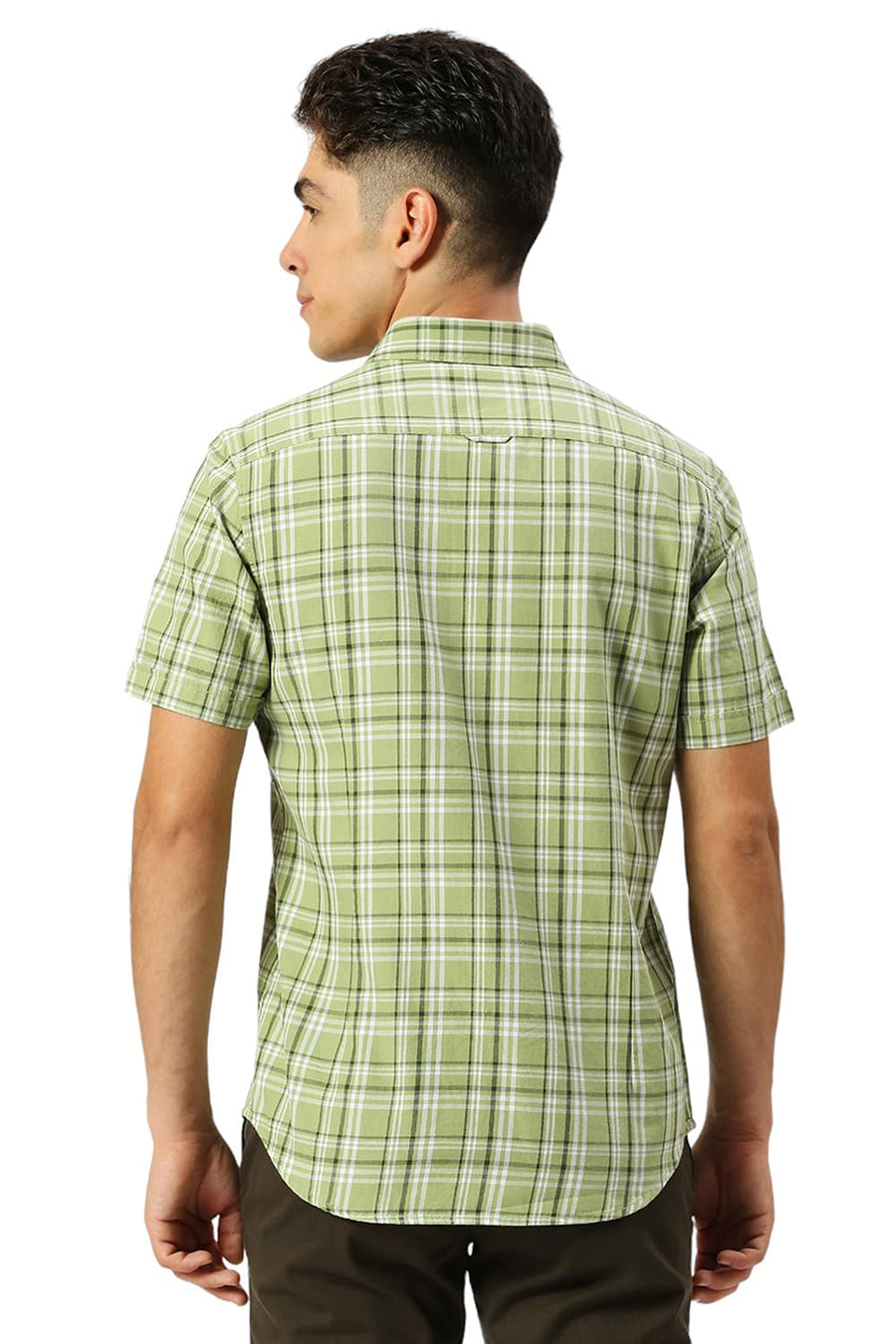 BASICS SLIM FIT PEAR GREEN COTTON TWILL CHECKS HALFSLEEVES SHIRT