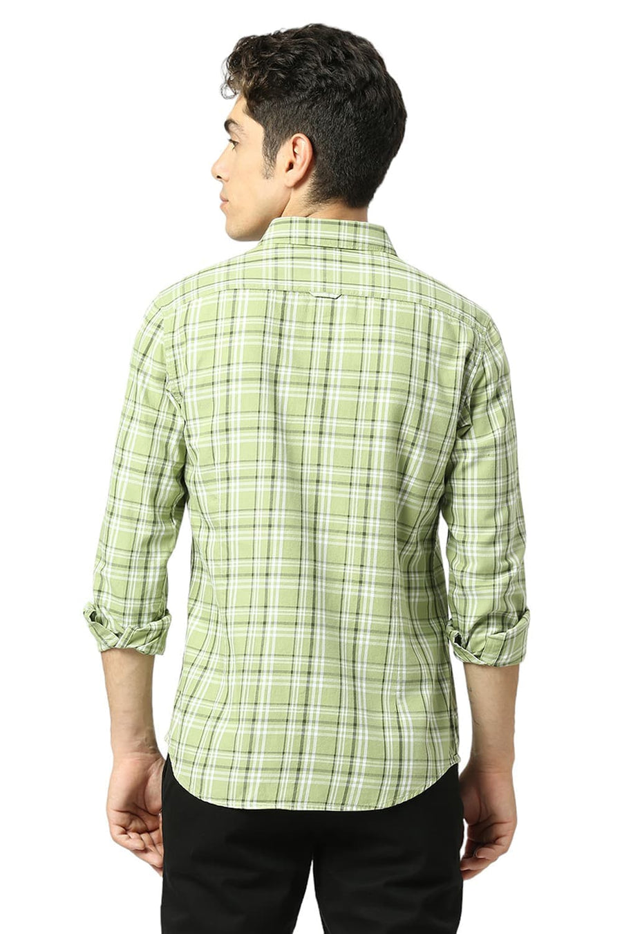 BASICS SLIM FIT PEAR GREEN COTTON TWILL CHECKS SHIRT