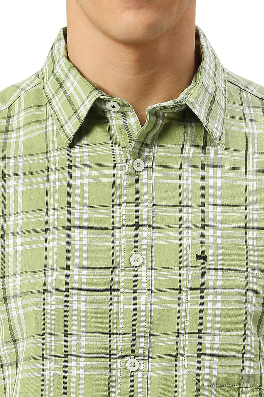 BASICS SLIM FIT PEAR GREEN COTTON TWILL CHECKS HALFSLEEVES SHIRT