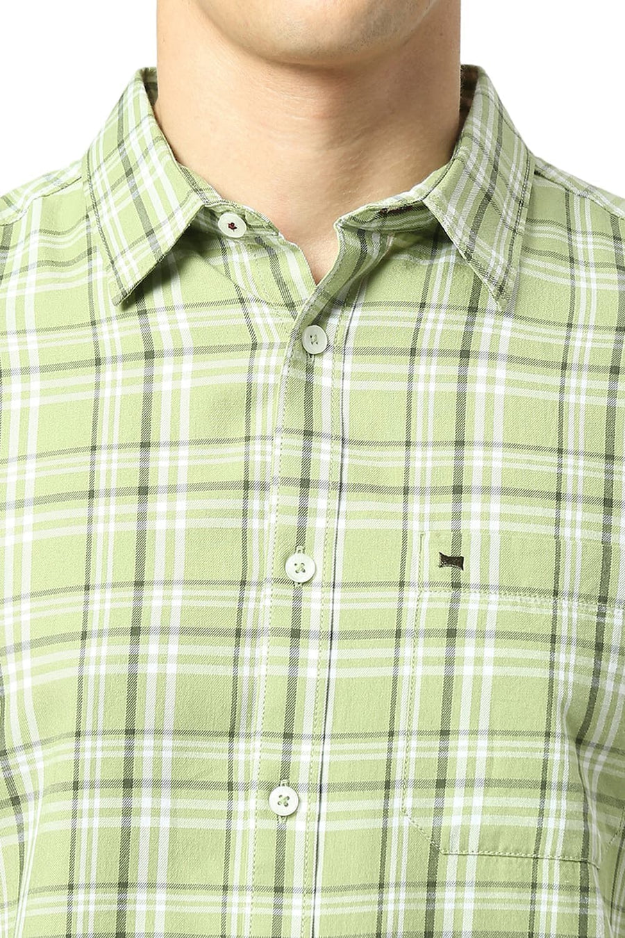 BASICS SLIM FIT PEAR GREEN COTTON TWILL CHECKS SHIRT