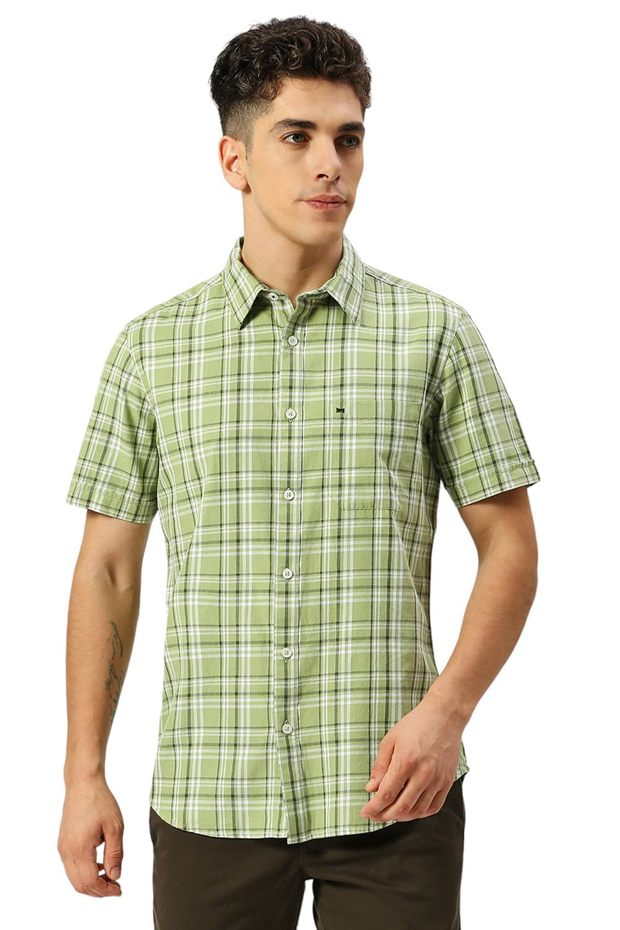 BASICS SLIM FIT PEAR GREEN COTTON TWILL CHECKS HALFSLEEVES SHIRT