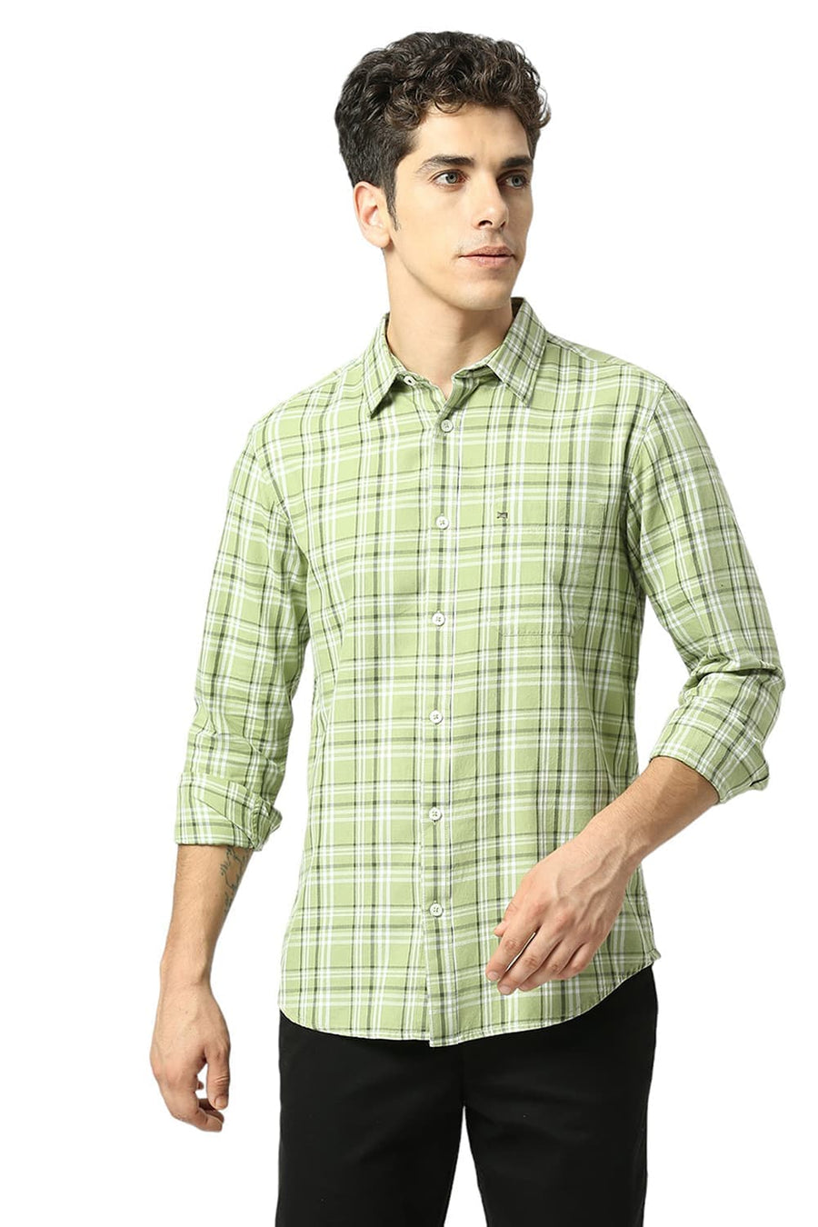 BASICS SLIM FIT PEAR GREEN COTTON TWILL CHECKS SHIRT