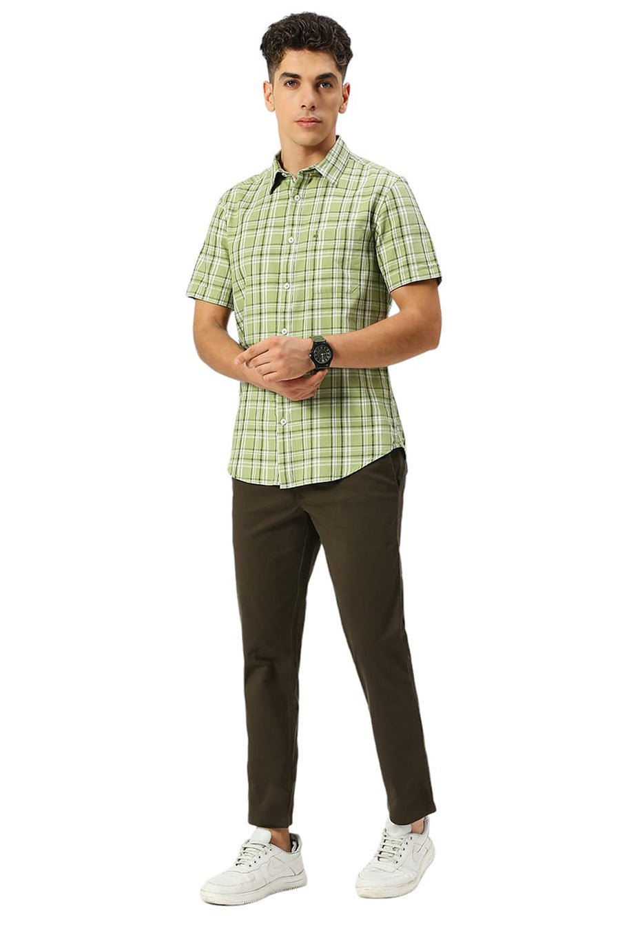 BASICS SLIM FIT PEAR GREEN COTTON TWILL CHECKS HALFSLEEVES SHIRT