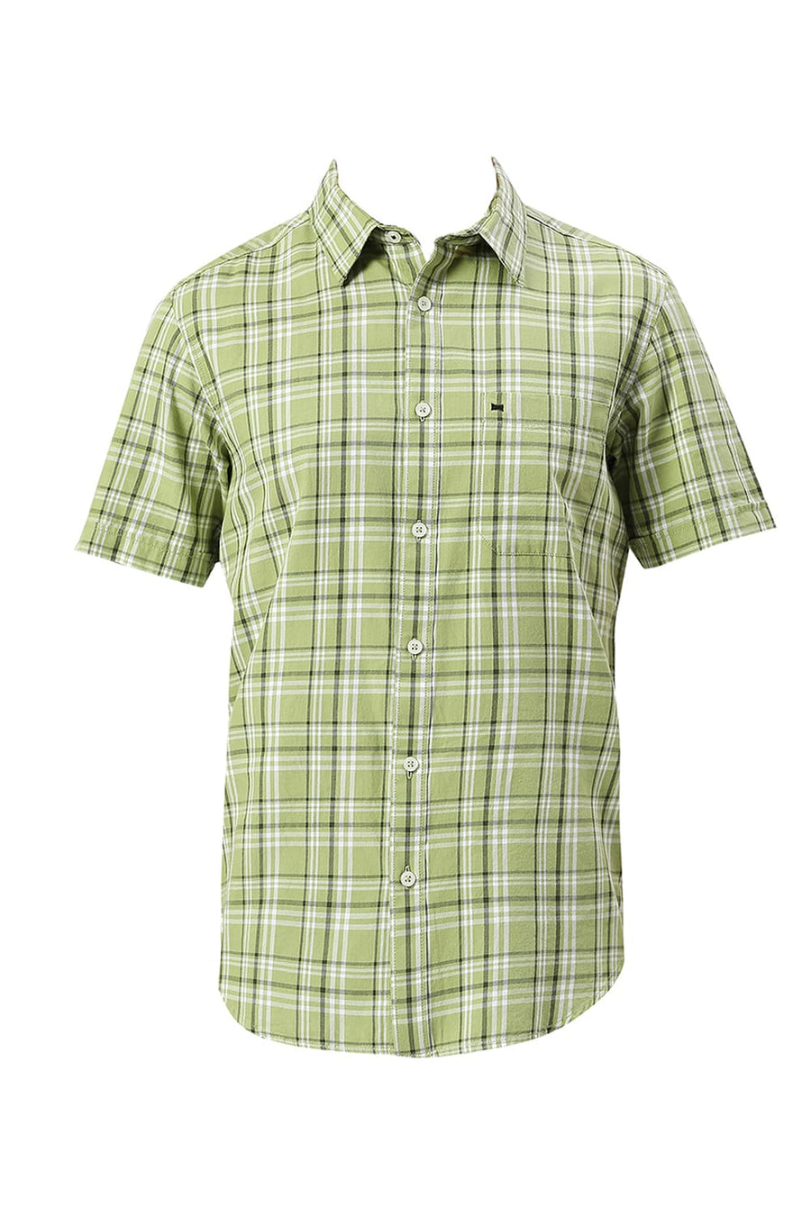 BASICS SLIM FIT PEAR GREEN COTTON TWILL CHECKS HALFSLEEVES SHIRT