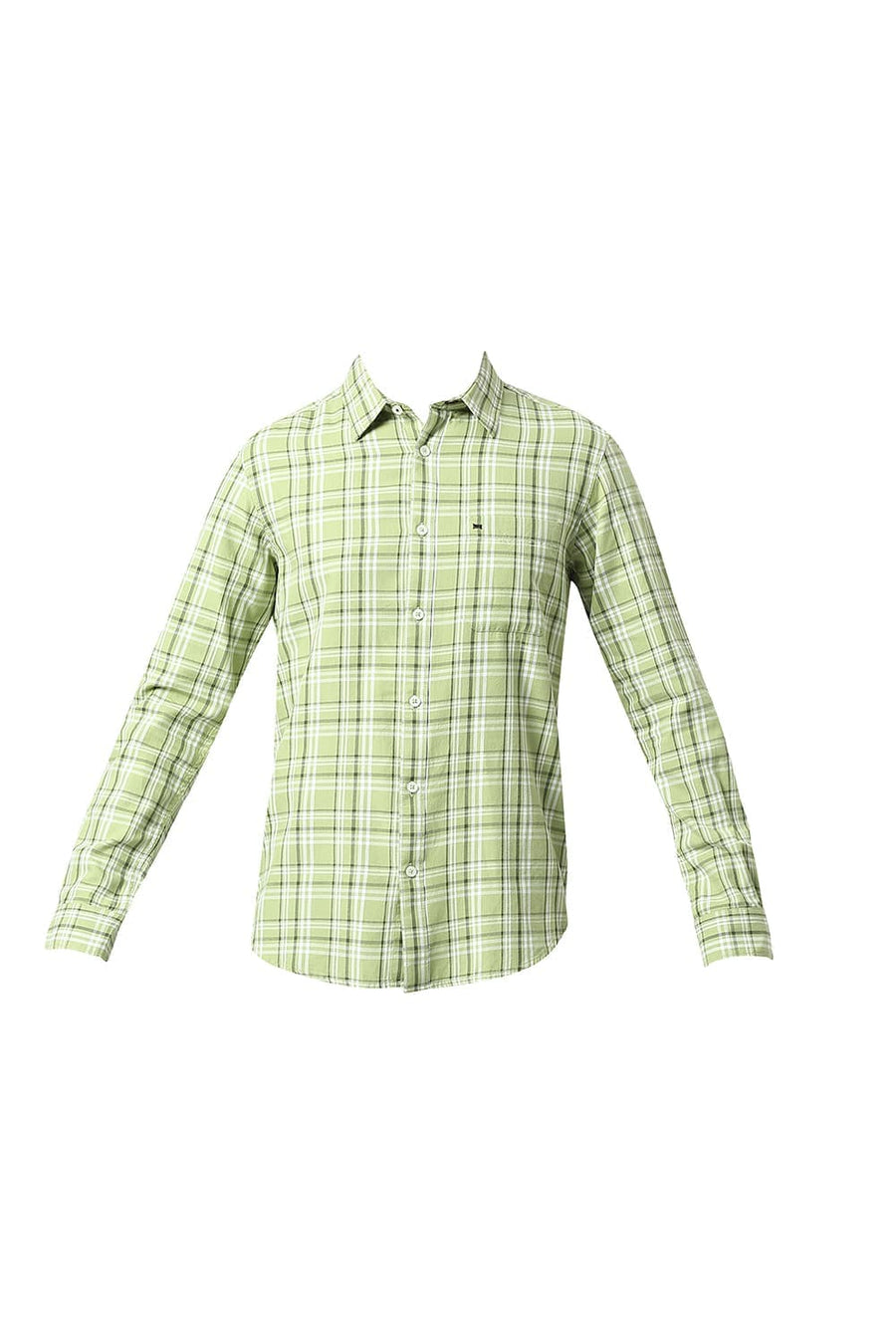 BASICS SLIM FIT PEAR GREEN COTTON TWILL CHECKS SHIRT