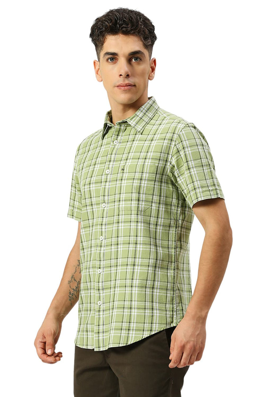 BASICS SLIM FIT PEAR GREEN COTTON TWILL CHECKS HALFSLEEVES SHIRT