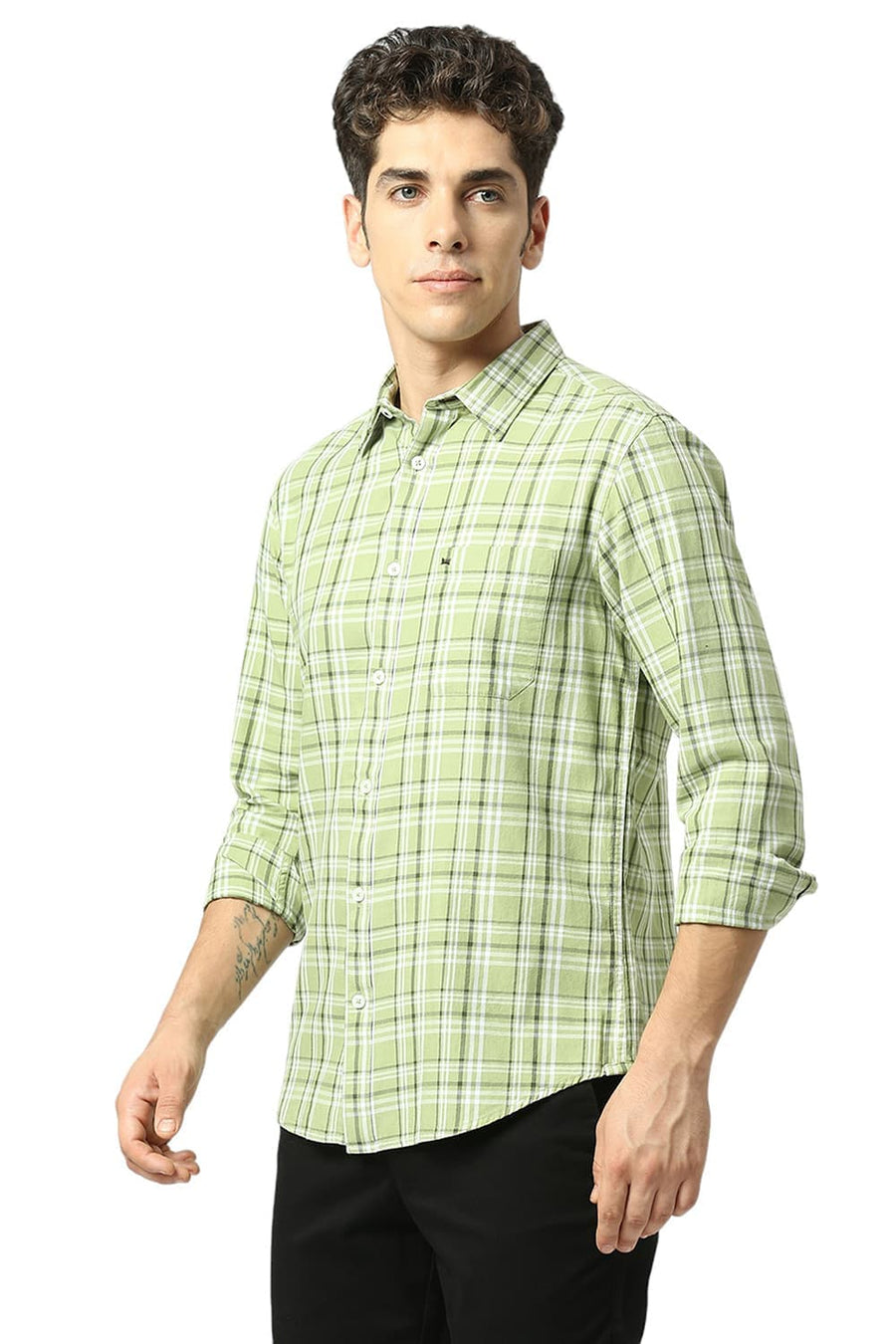 BASICS SLIM FIT PEAR GREEN COTTON TWILL CHECKS SHIRT
