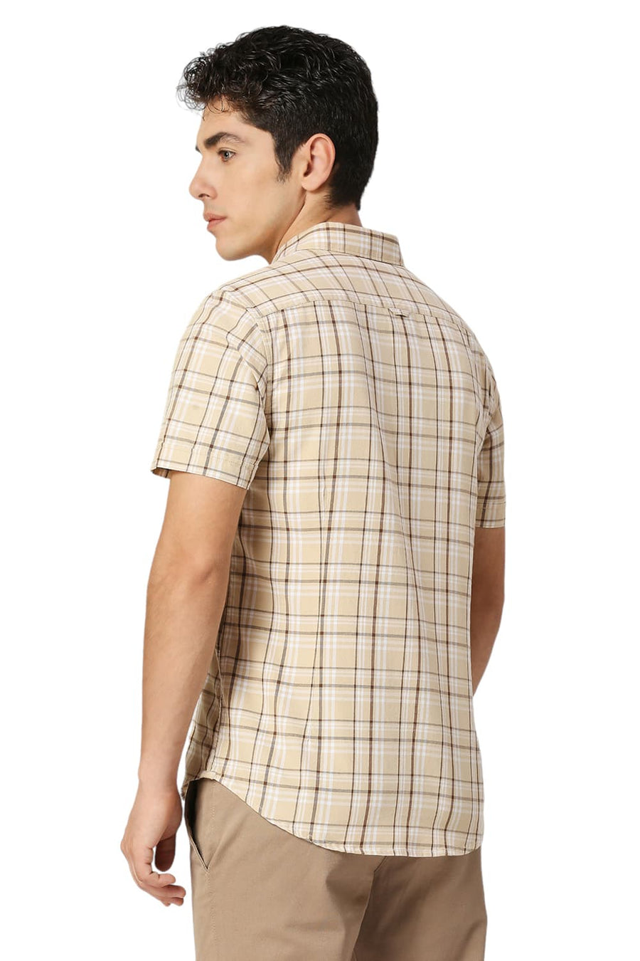 BASICS SLIM FIT BISCOTTI BEIGE COTTON TWILL CHECKS HALFSLEEVES SHIRT