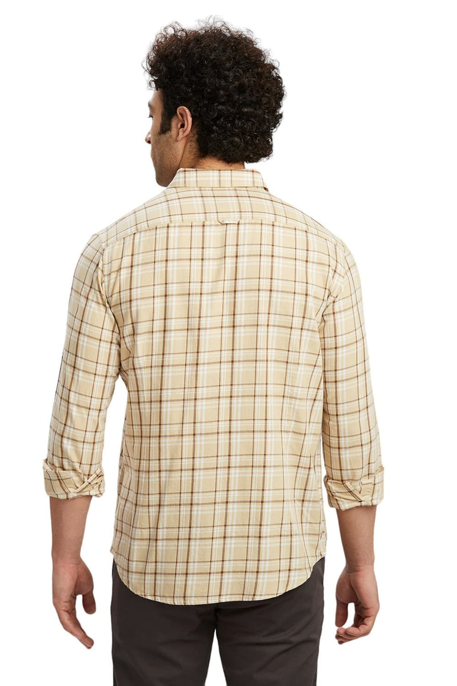 BASICS SLIM FIT BISCOTTI BEIGE COTTON TWILL CHECKS SHIRT