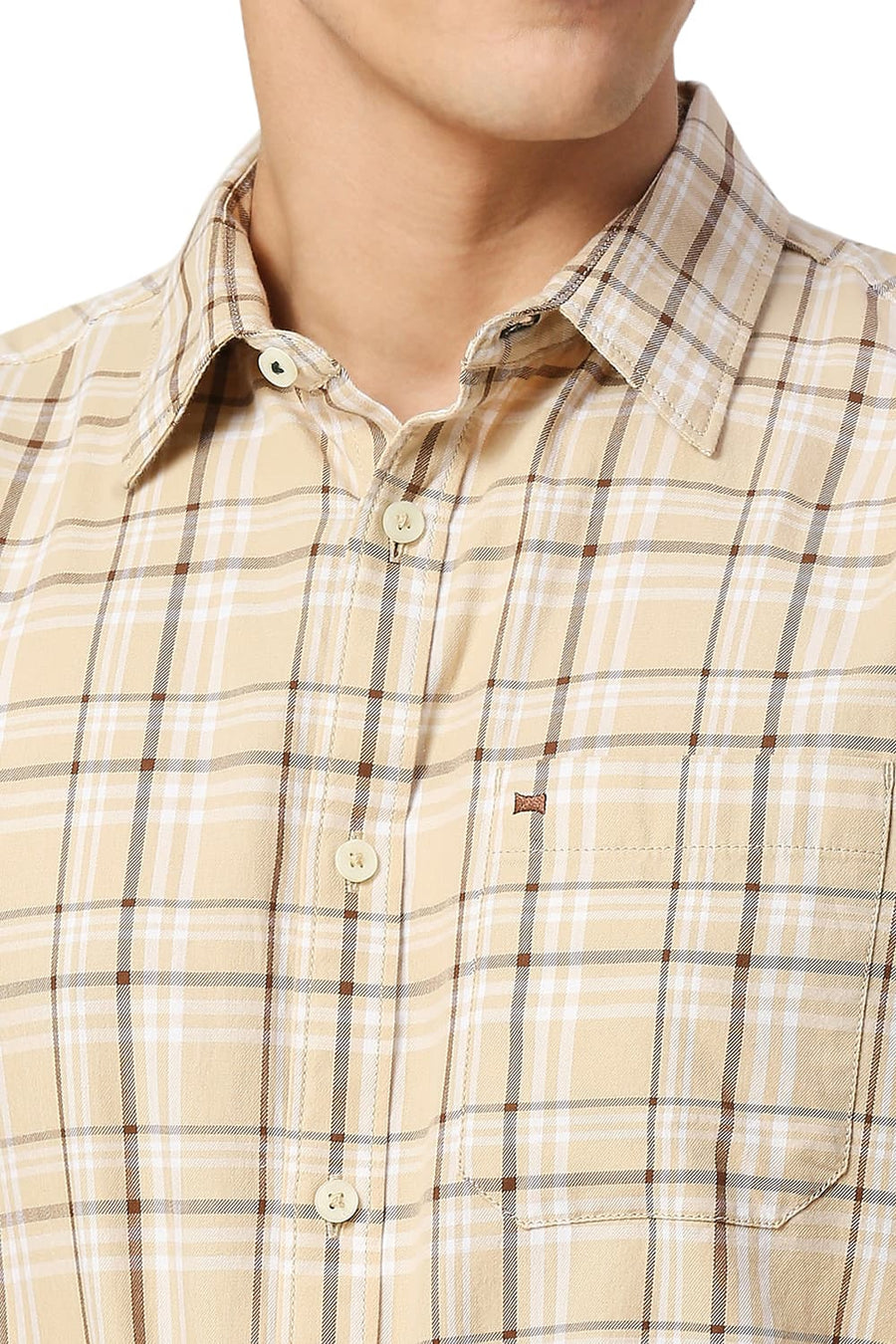 BASICS SLIM FIT BISCOTTI BEIGE COTTON TWILL CHECKS HALFSLEEVES SHIRT