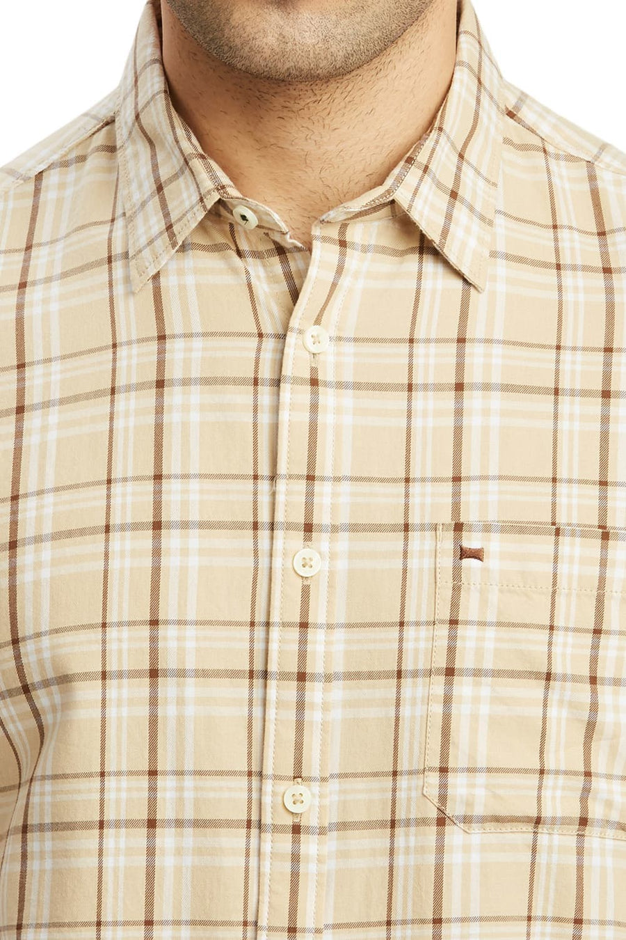 BASICS SLIM FIT BISCOTTI BEIGE COTTON TWILL CHECKS SHIRT