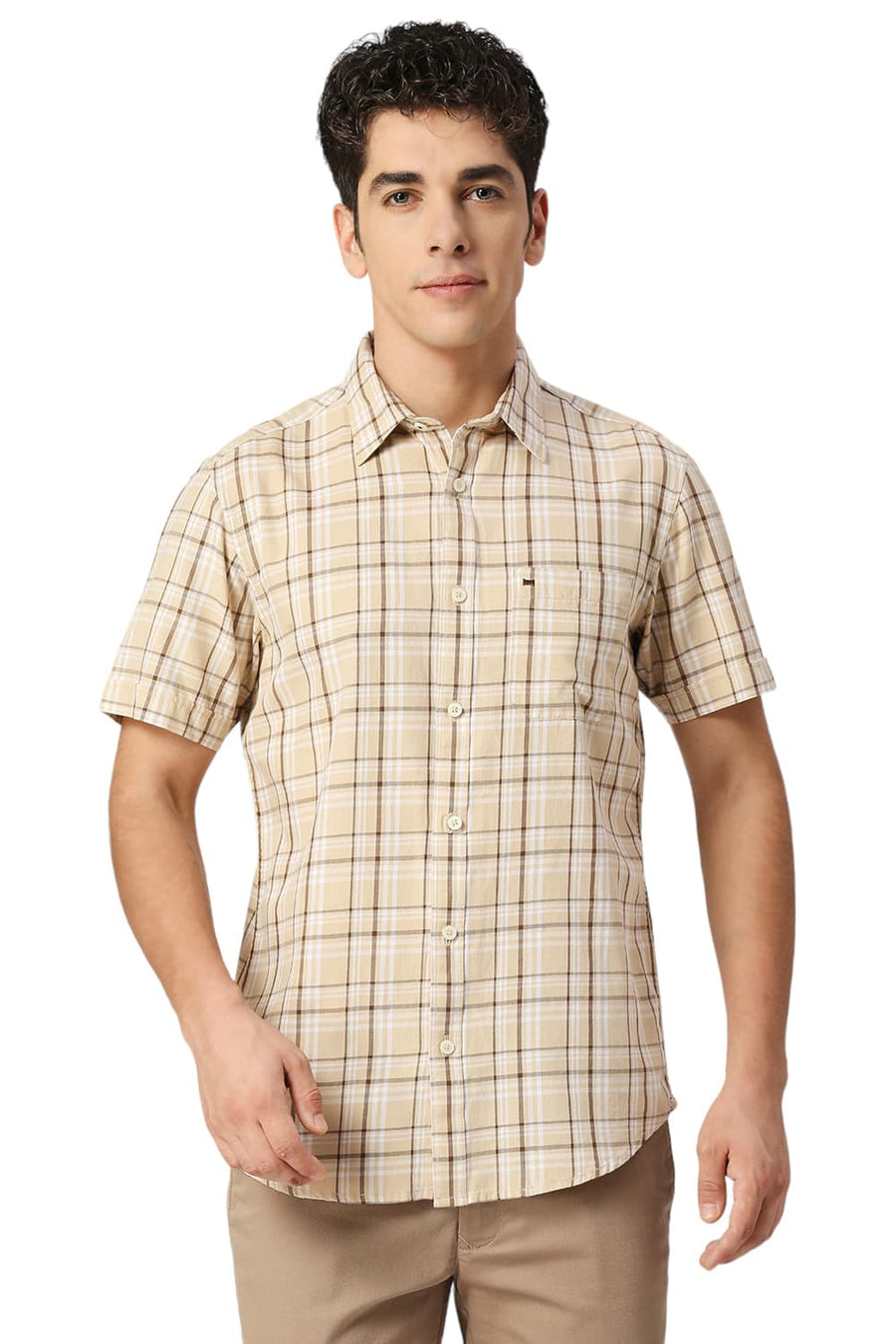 BASICS SLIM FIT BISCOTTI BEIGE COTTON TWILL CHECKS HALFSLEEVES SHIRT