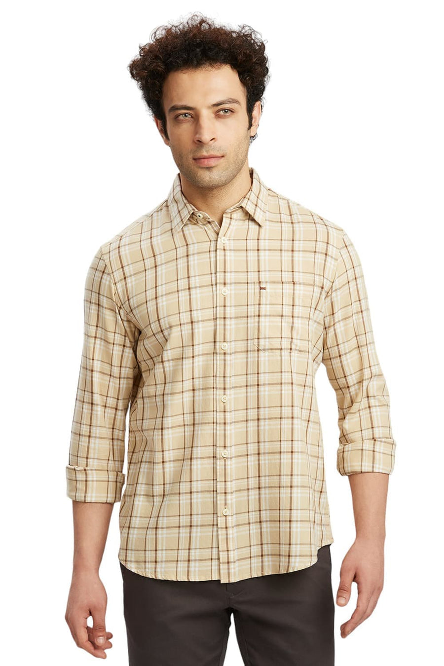 BASICS SLIM FIT BISCOTTI BEIGE COTTON TWILL CHECKS SHIRT