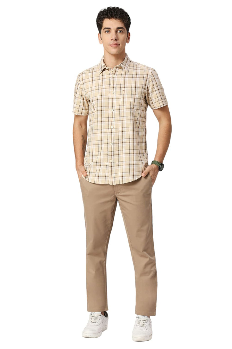 BASICS SLIM FIT BISCOTTI BEIGE COTTON TWILL CHECKS HALFSLEEVES SHIRT