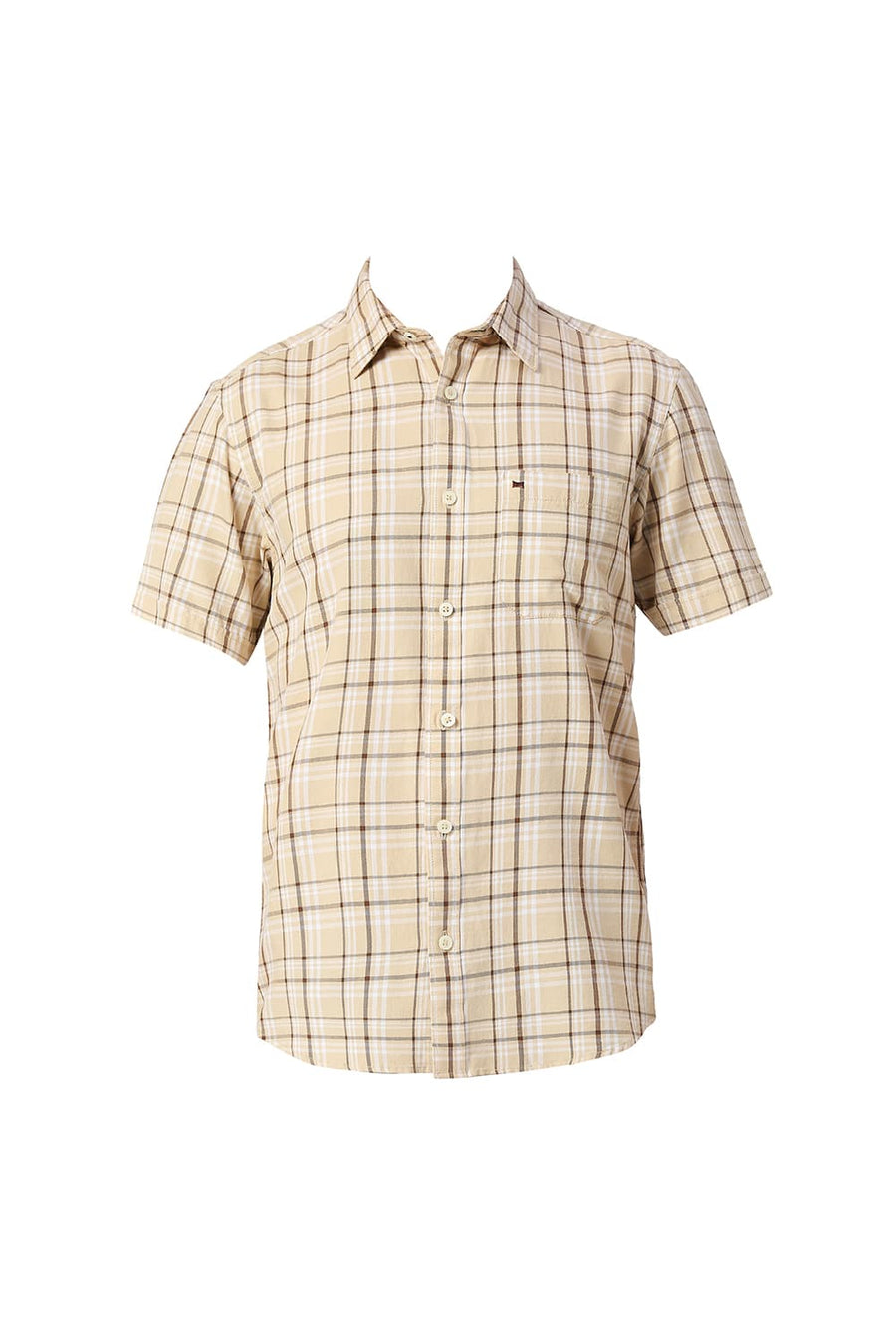 BASICS SLIM FIT BISCOTTI BEIGE COTTON TWILL CHECKS HALFSLEEVES SHIRT