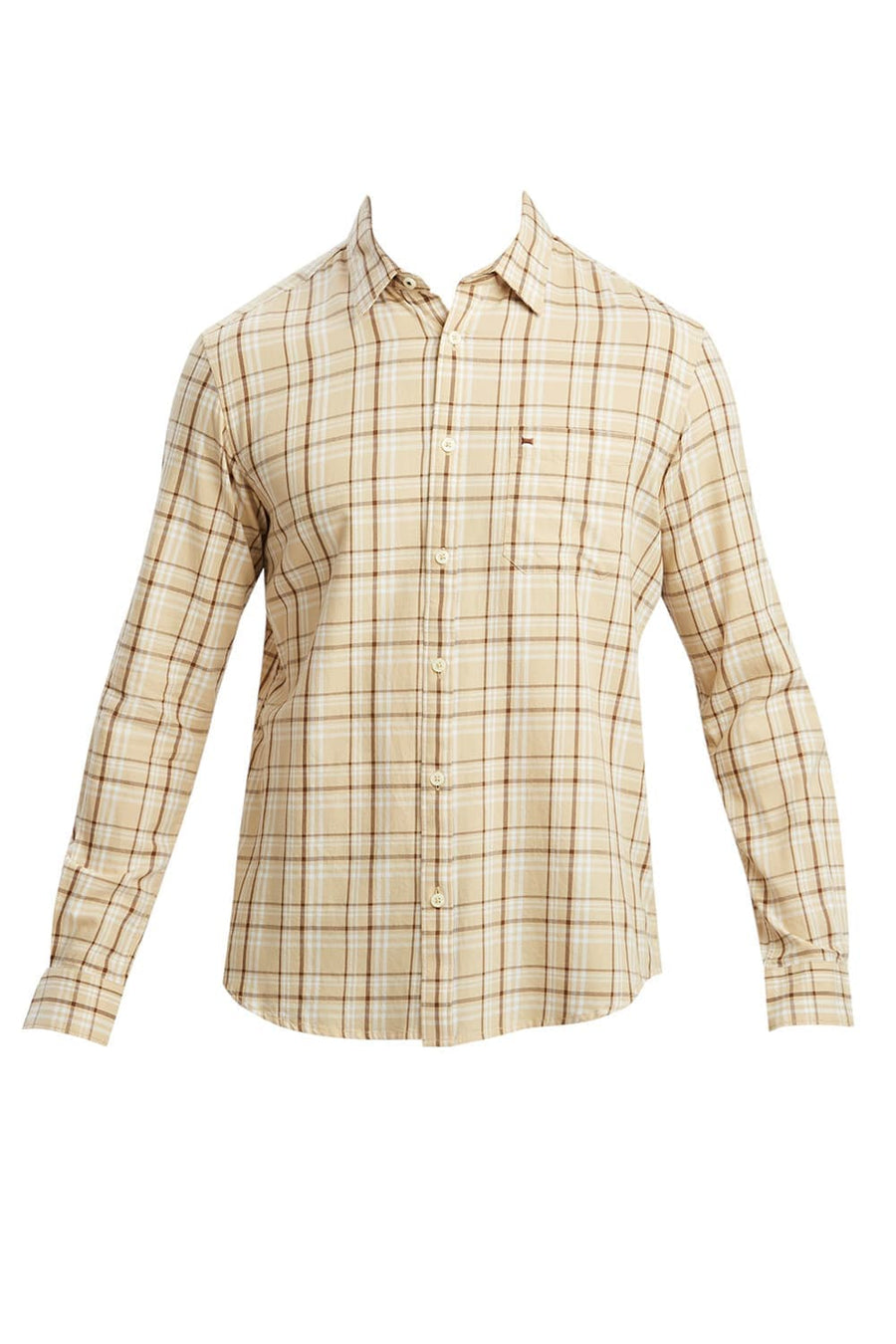 BASICS SLIM FIT BISCOTTI BEIGE COTTON TWILL CHECKS SHIRT