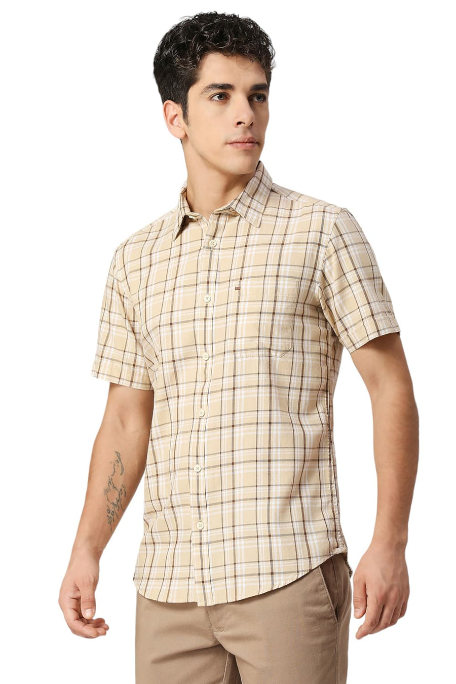 BASICS SLIM FIT BISCOTTI BEIGE COTTON TWILL CHECKS HALFSLEEVES SHIRT