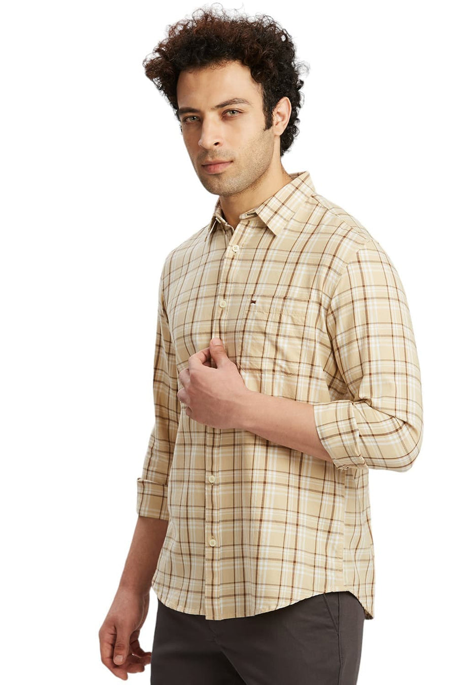 BASICS SLIM FIT BISCOTTI BEIGE COTTON TWILL CHECKS SHIRT