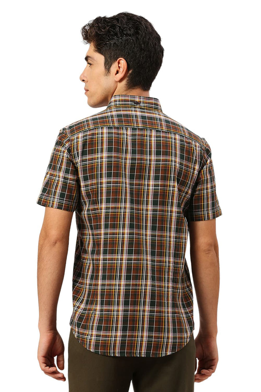 BASICS SLIM FIT PINECONE BROWN COTTON TWILL CHECKS HALFSLEEVES SHIRT