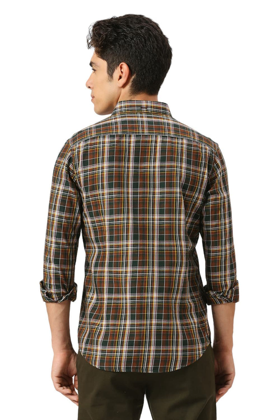 BASICS SLIM FIT PINECONE BROWN COTTON TWILL CHECKS SHIRT