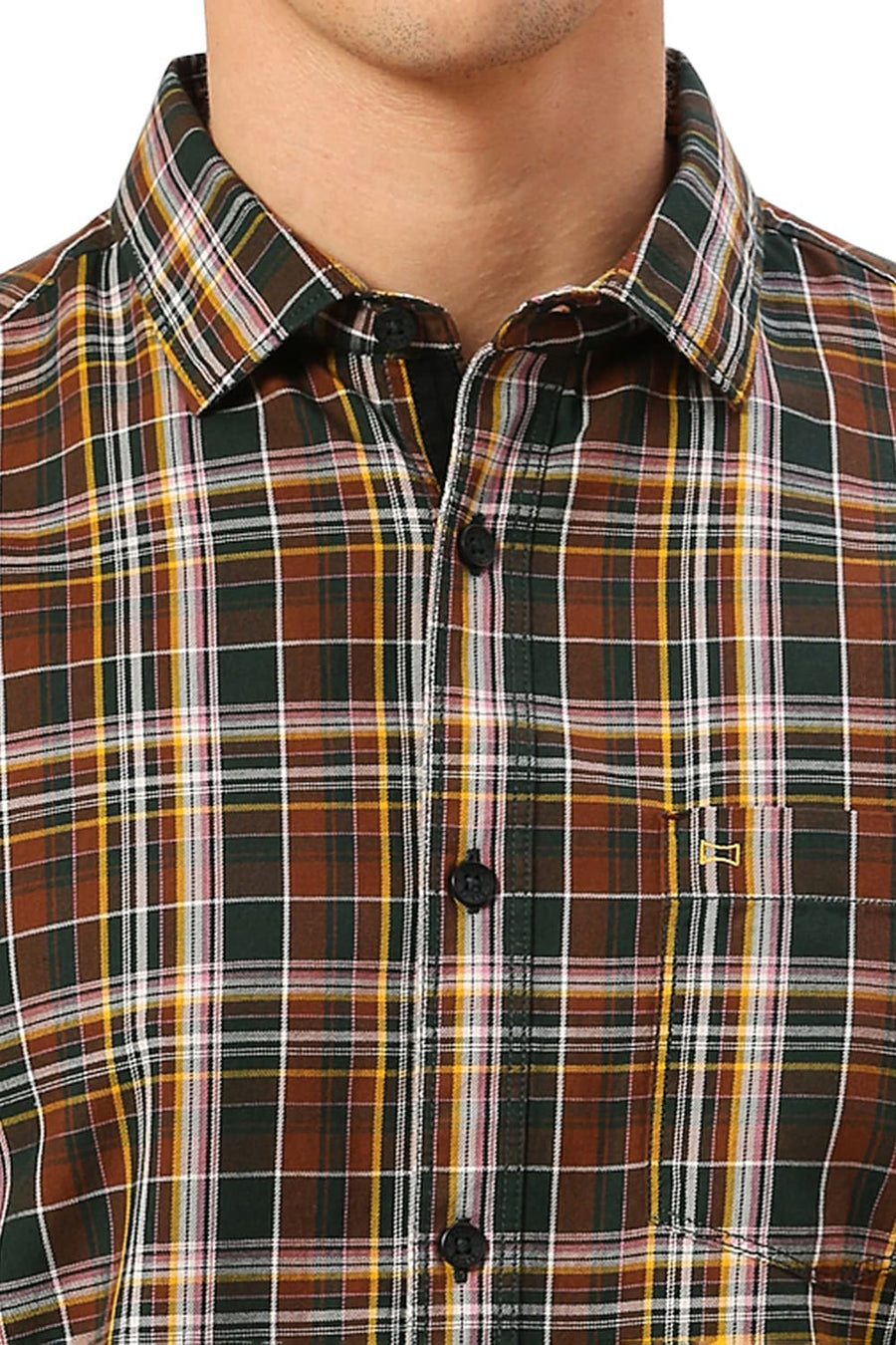 BASICS SLIM FIT PINECONE BROWN COTTON TWILL CHECKS HALFSLEEVES SHIRT