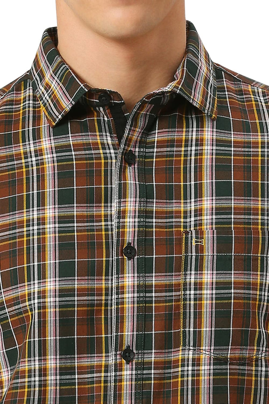 BASICS SLIM FIT PINECONE BROWN COTTON TWILL CHECKS SHIRT