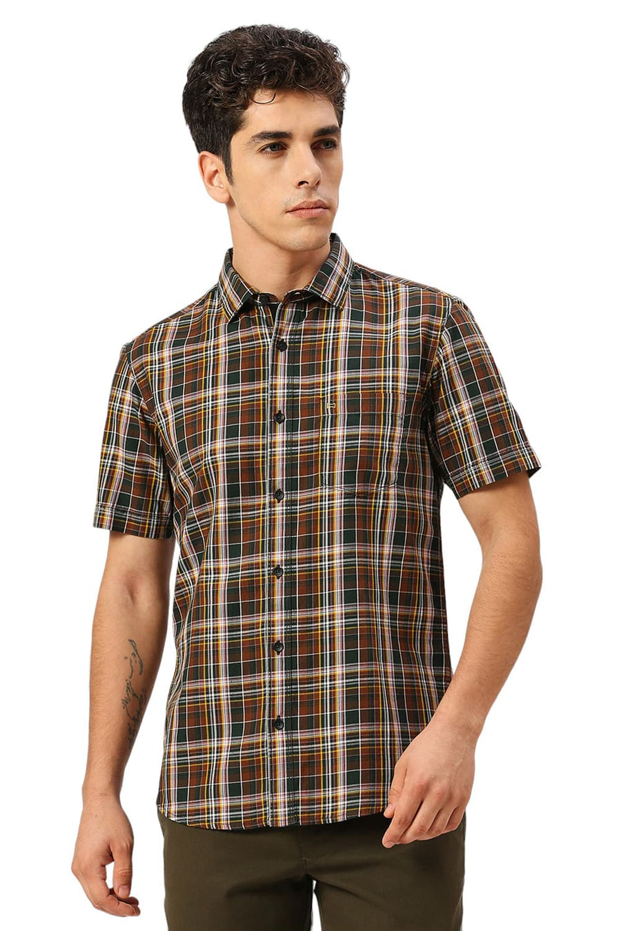 BASICS SLIM FIT PINECONE BROWN COTTON TWILL CHECKS HALFSLEEVES SHIRT