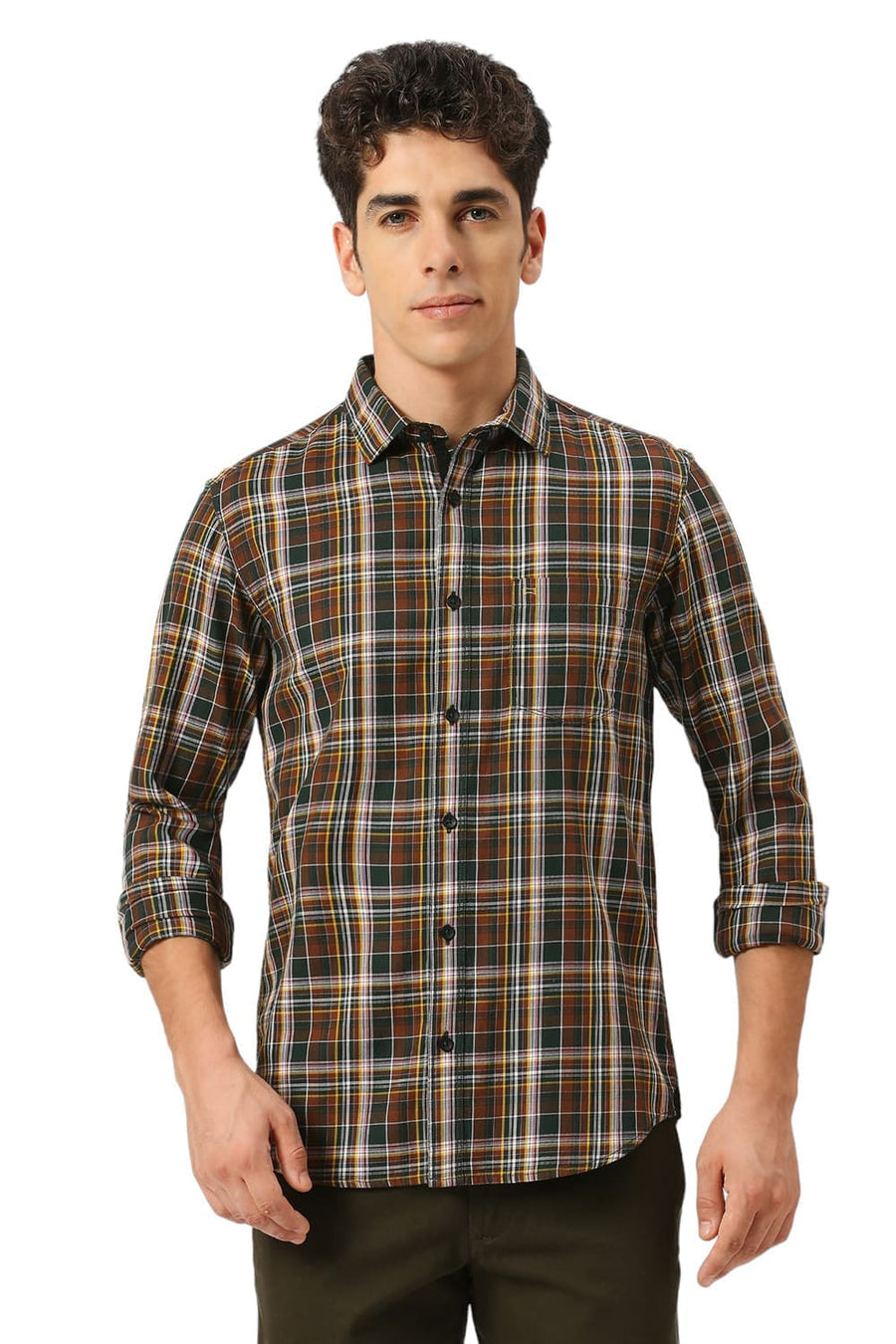 BASICS SLIM FIT PINECONE BROWN COTTON TWILL CHECKS SHIRT