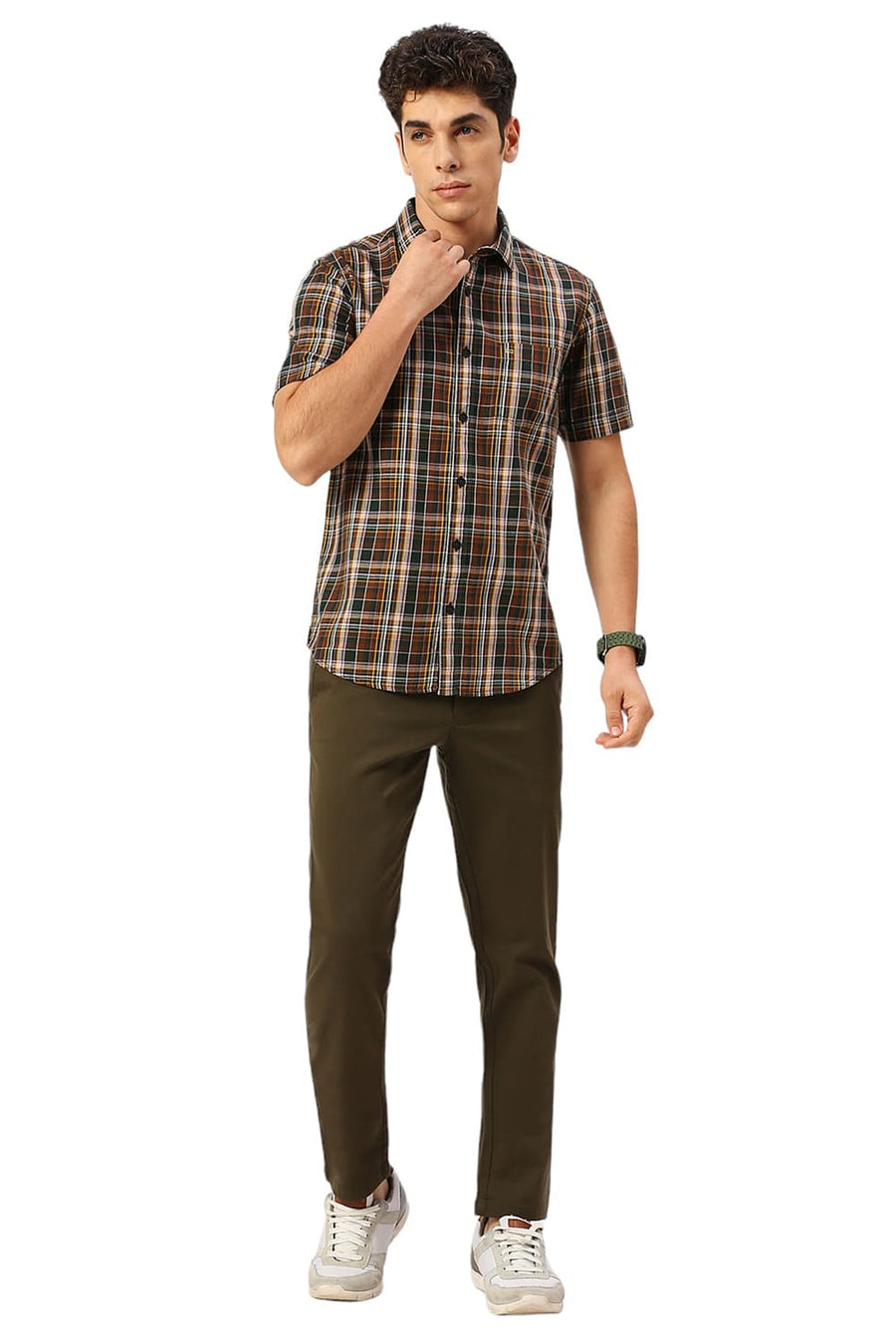 BASICS SLIM FIT PINECONE BROWN COTTON TWILL CHECKS HALFSLEEVES SHIRT