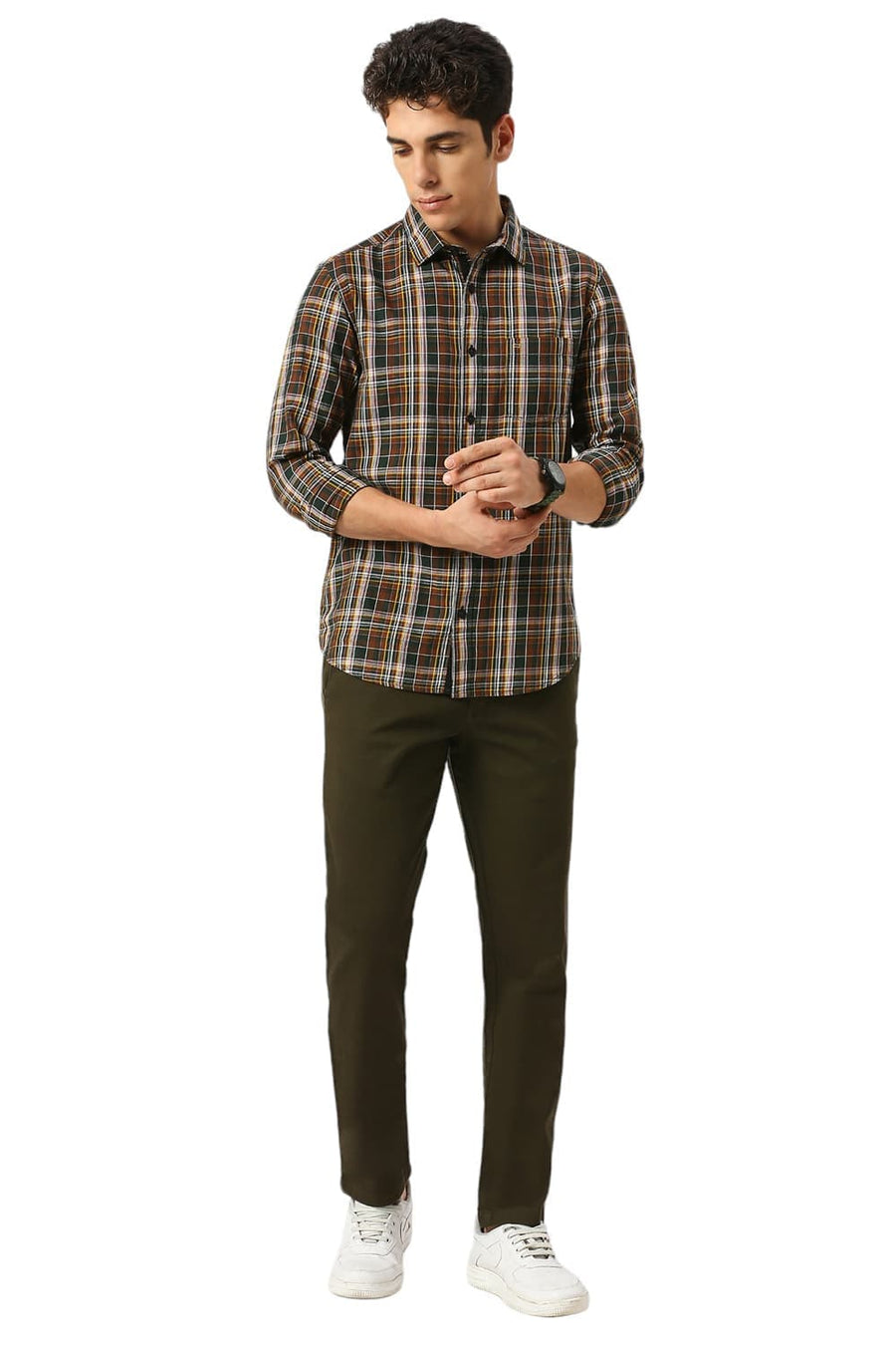 BASICS SLIM FIT PINECONE BROWN COTTON TWILL CHECKS SHIRT