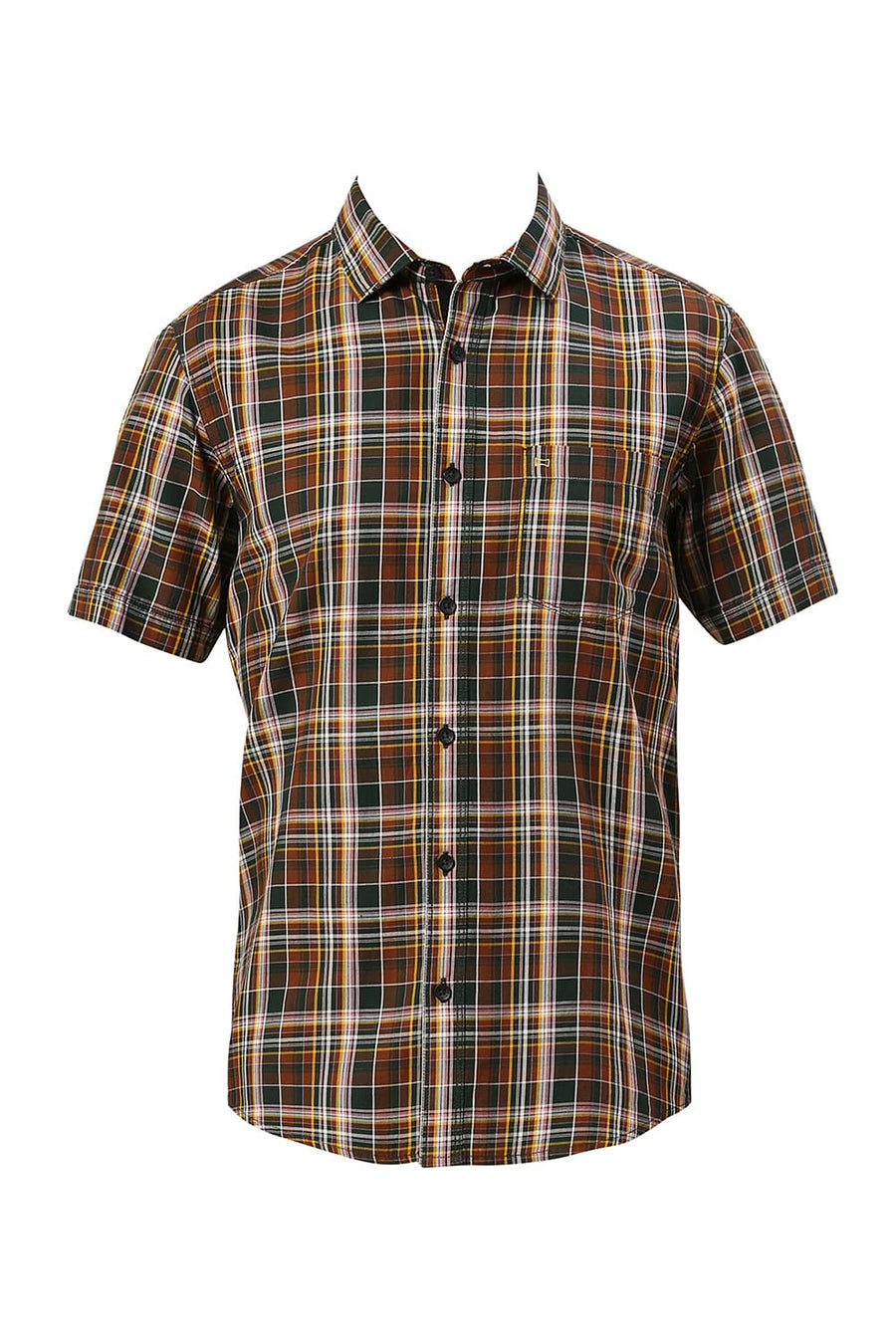 BASICS SLIM FIT PINECONE BROWN COTTON TWILL CHECKS HALFSLEEVES SHIRT