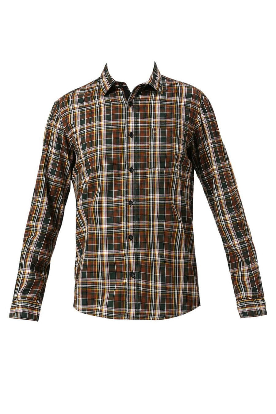 BASICS SLIM FIT PINECONE BROWN COTTON TWILL CHECKS SHIRT