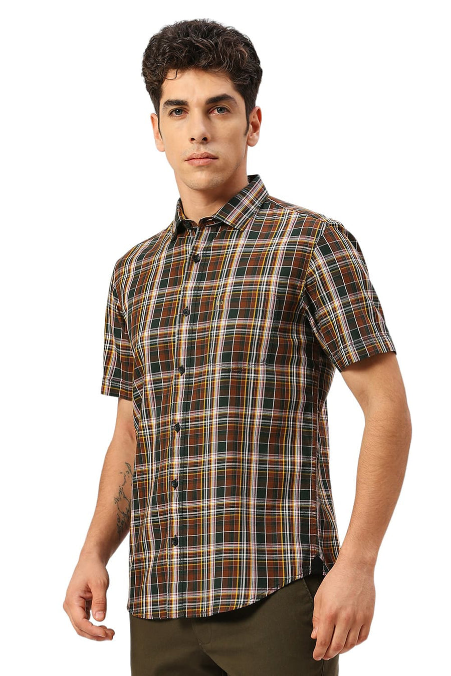 BASICS SLIM FIT PINECONE BROWN COTTON TWILL CHECKS HALFSLEEVES SHIRT